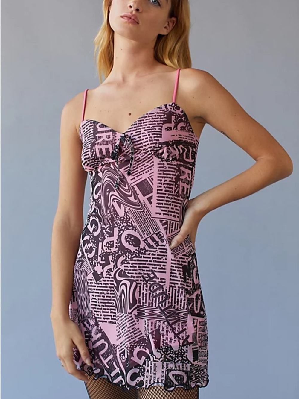 Urban Outfitters Pink and Black Graphic Newspaper Pop Art Print Mini Slip Dress